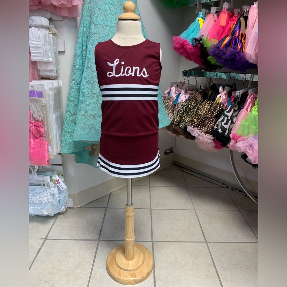 Kids 3T-12 Maroon & White Lions Logo Cheerleader Cheerleading Uniform Set NWT